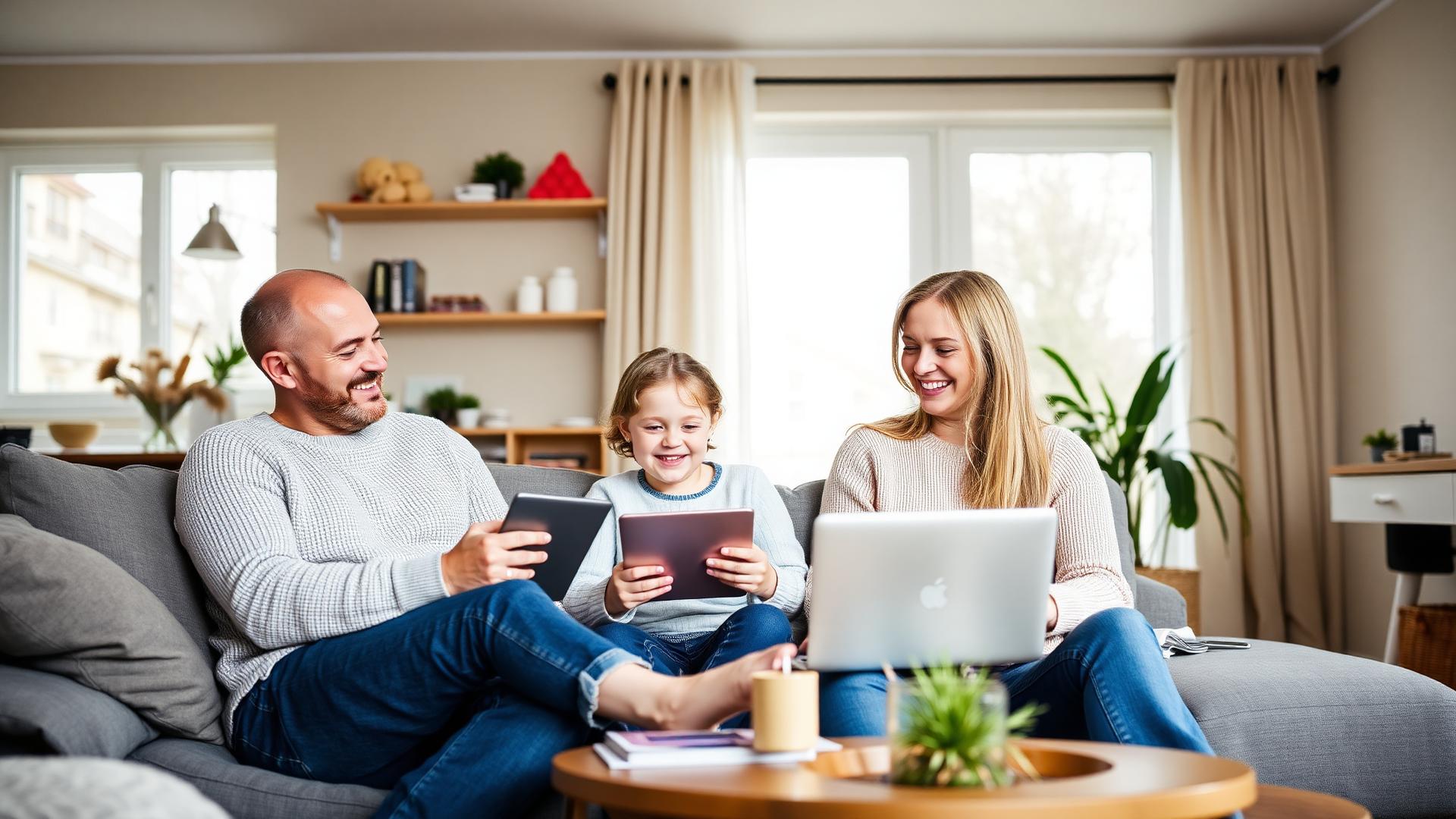 Familj som tittar på TV och streamar hemma